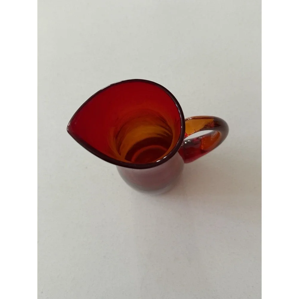 Vintage Small Amberina Glass Hand Blown Glowing‎ Pitcher with Orange Handle 7.5